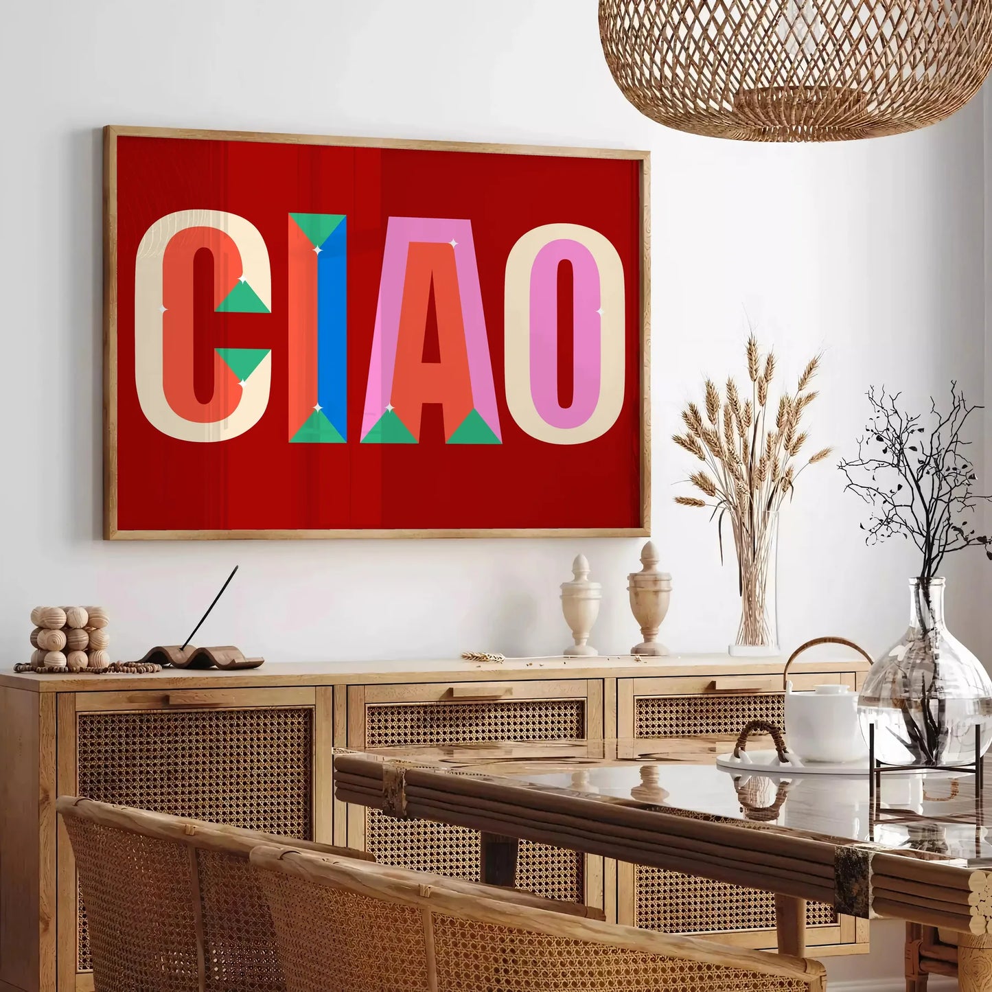 space vibrant Ciao poster stunning blend orange blue hues perfect piece wall art room artwork thoughtful gift print dimensions A4 cm A0 decor today