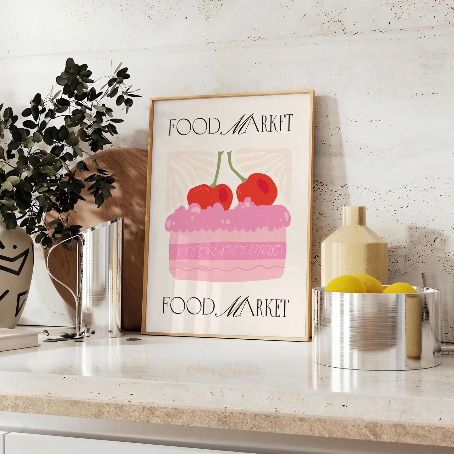 kitchen space vibrant food market poster striking black orange design captivating wall art piece perfect gift home decor various print dimensions A4 cm A0